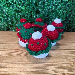 Bundle of 6 Handmade Crochet Christmas Red & Green Cupcake Holiday Decor Gift